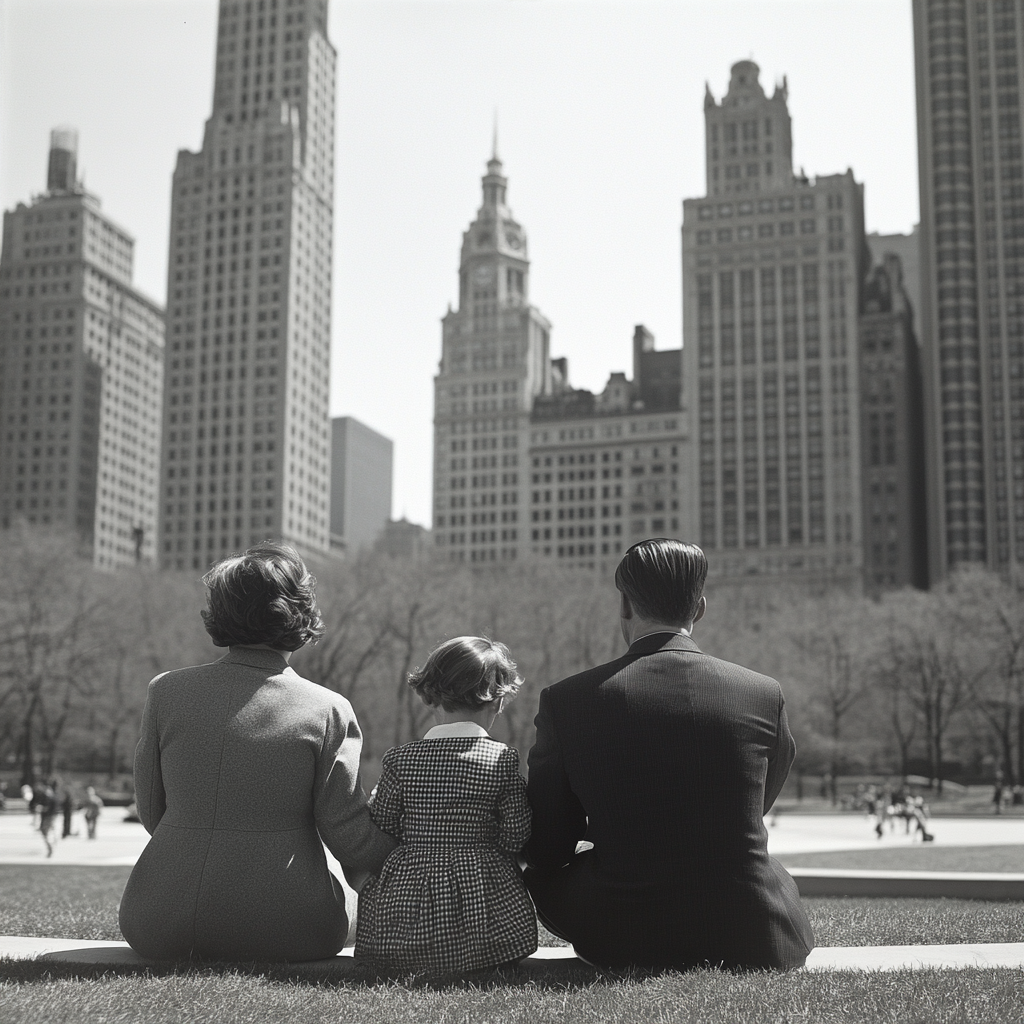 Familia sentada en un parque de Chicago