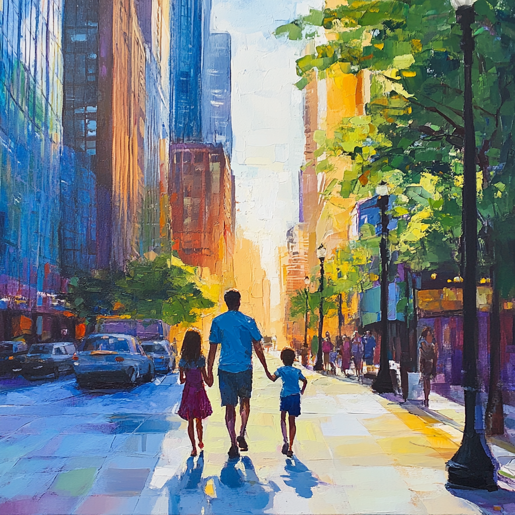 A father, daughter and son walking on a sity street, painting style.