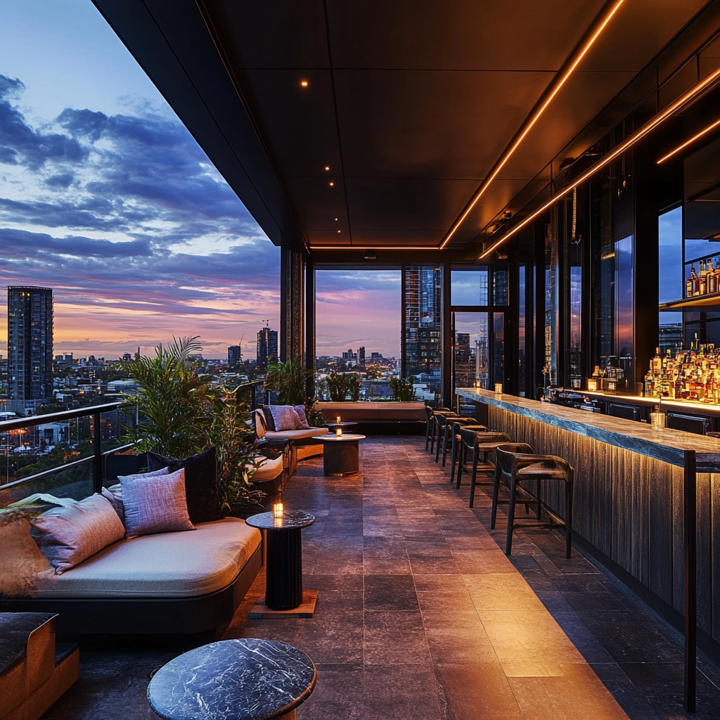 A rooftop bar over a citiscape.