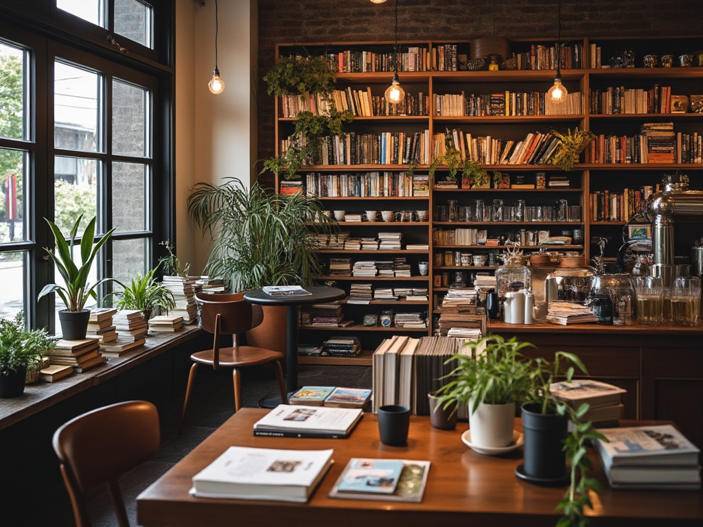 Acogedora cafetería llena de libros, que combina la literatura y la cultura del café en armonía.