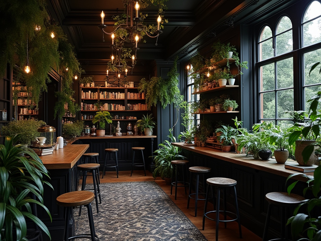 Elegante santuario de cafetería, donde los libros y la vegetación crean un refugio sereno.