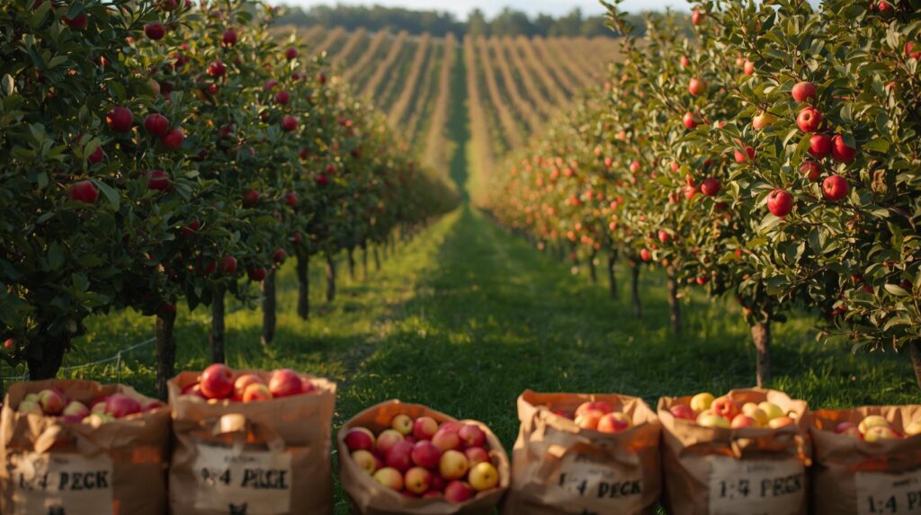 El huerto de manzanos tiene más de 16.000 árboles en dos huertos, y se pueden comprar bolsas en tamaños de ¼ de pico y ½ pico.
