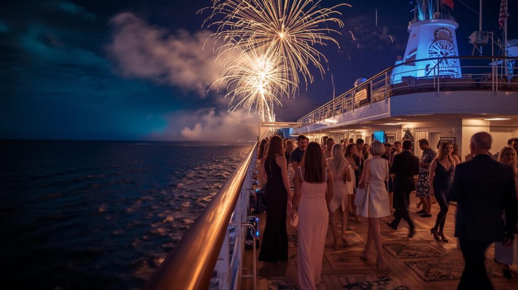 People in a cruise watching fireworks