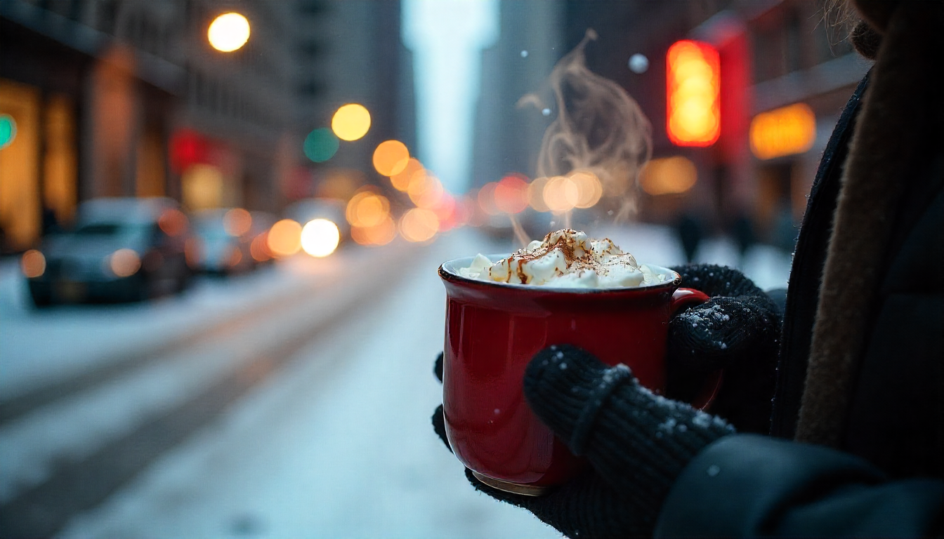 Hot chocolate mug against snowy Chicago skyline.